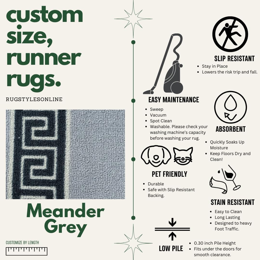 Extra-Long Custom Length Slip-Resistant Runner Rug with Low Pile Absorbent, Stain-Resistant, and Washable. Perfect for Entryways, Hallways, Kitchen 26 in x 10 ft, Meander Grey