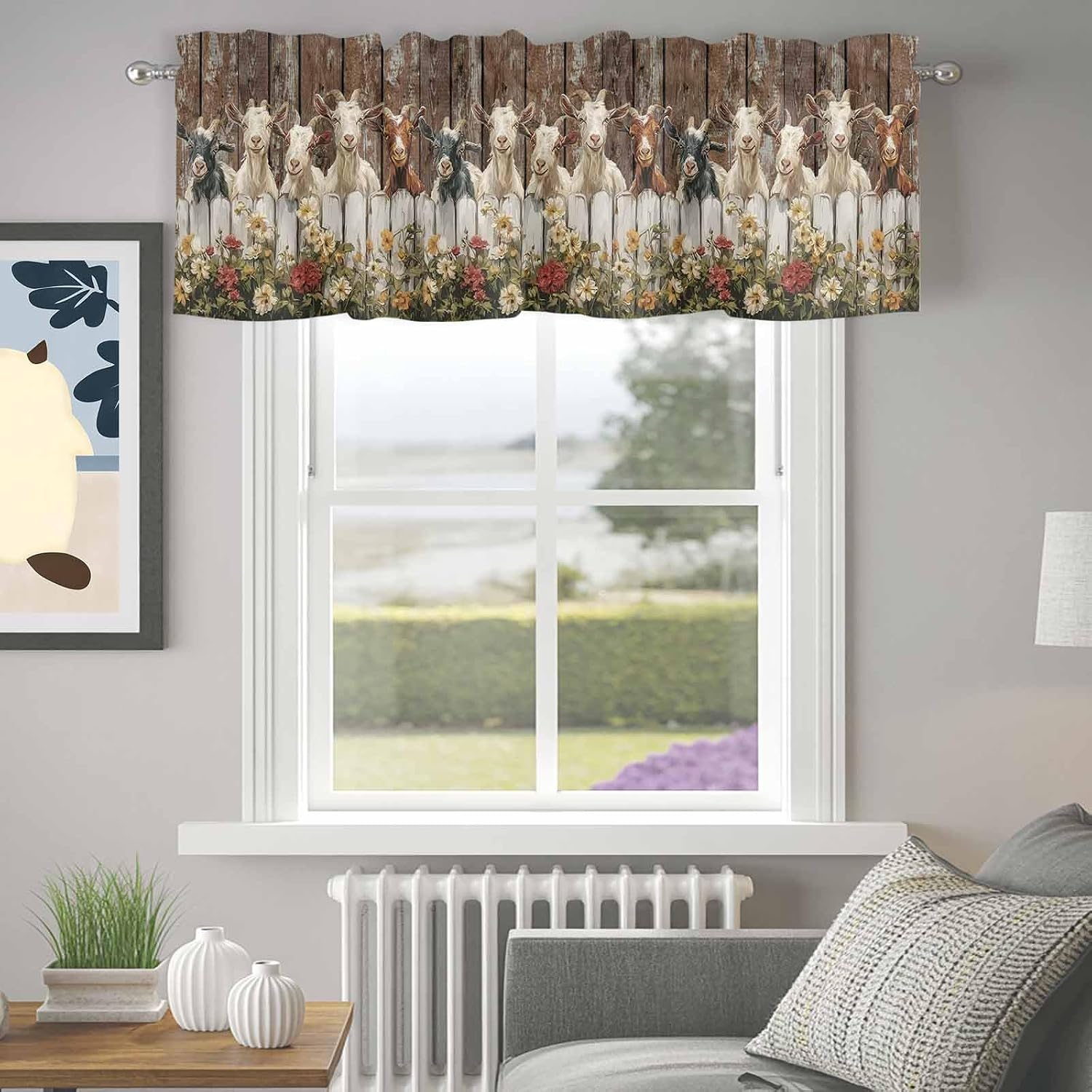 Roses Garden Goats Valance Curtain for Kithchen Windows, Retro Farmhouse Fence Floral Wood Grain Tier Curtain Window Treatment Rod Pocket Valances for Bedroom/Living Room/Bathroom, 42x18 Inch