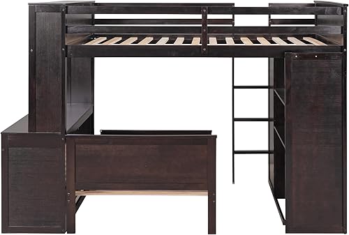 Miniatura 86 de Cama alta funcional tamaño individual con 2 cajones y 2 armarios, base de cama de madera maciza con barandilla de seguridad y escalera de