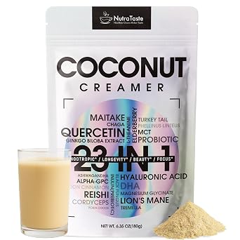 23 in 1 Superfood Coffee Creamer, Mushroom Coconut Creamer | Ashwagandha, Magnesium Glycinate, Hyaluronic Acid, MCT & 10 Mushrooms Supplement | Nootropic & Focus Support | Plant-Based, Keto - 6.35oz