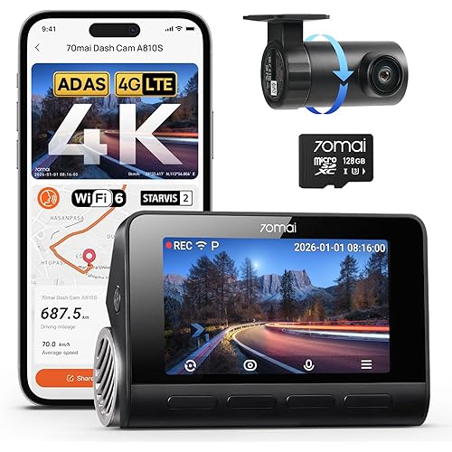 70mai 4K Dash Cam Front and Rear, STARVIS 2 IMX678, 4K+1080P Dual Recording, 4G LTE Remote Access, AI Motion Detection, WiFi 6, 5 GPS, 24H Parking Mode, HDR Night Vision, Voice Control, Loop Recording