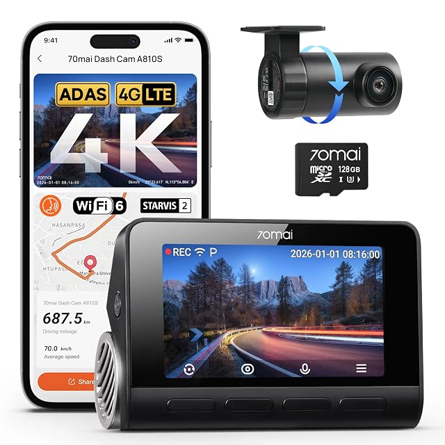 70mai A810S 4K Dual Dash Cam Front Rear STARVIS 2 HDR Super Night Vision AI Motion Detection 24