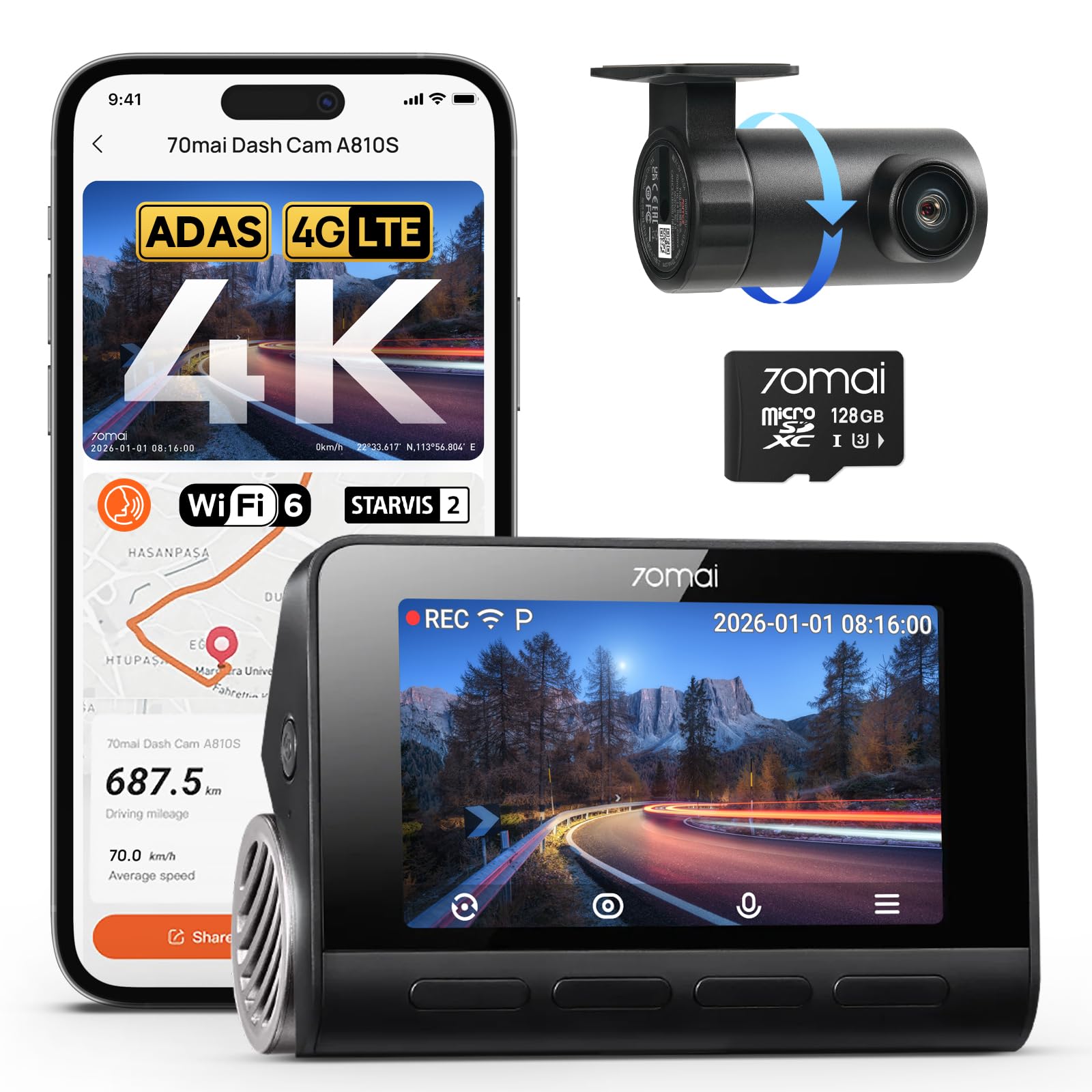 70mai A810S 4K Dual Dash Cam Front & Rear, STARVIS 2 HDR Super Night Vision, AI Motion Detection & 24/7 Parking, Built-in GPS, Wi-Fi & Optional 4G Remote Viewing, ADAS, Loop Recording, Time-Lapse