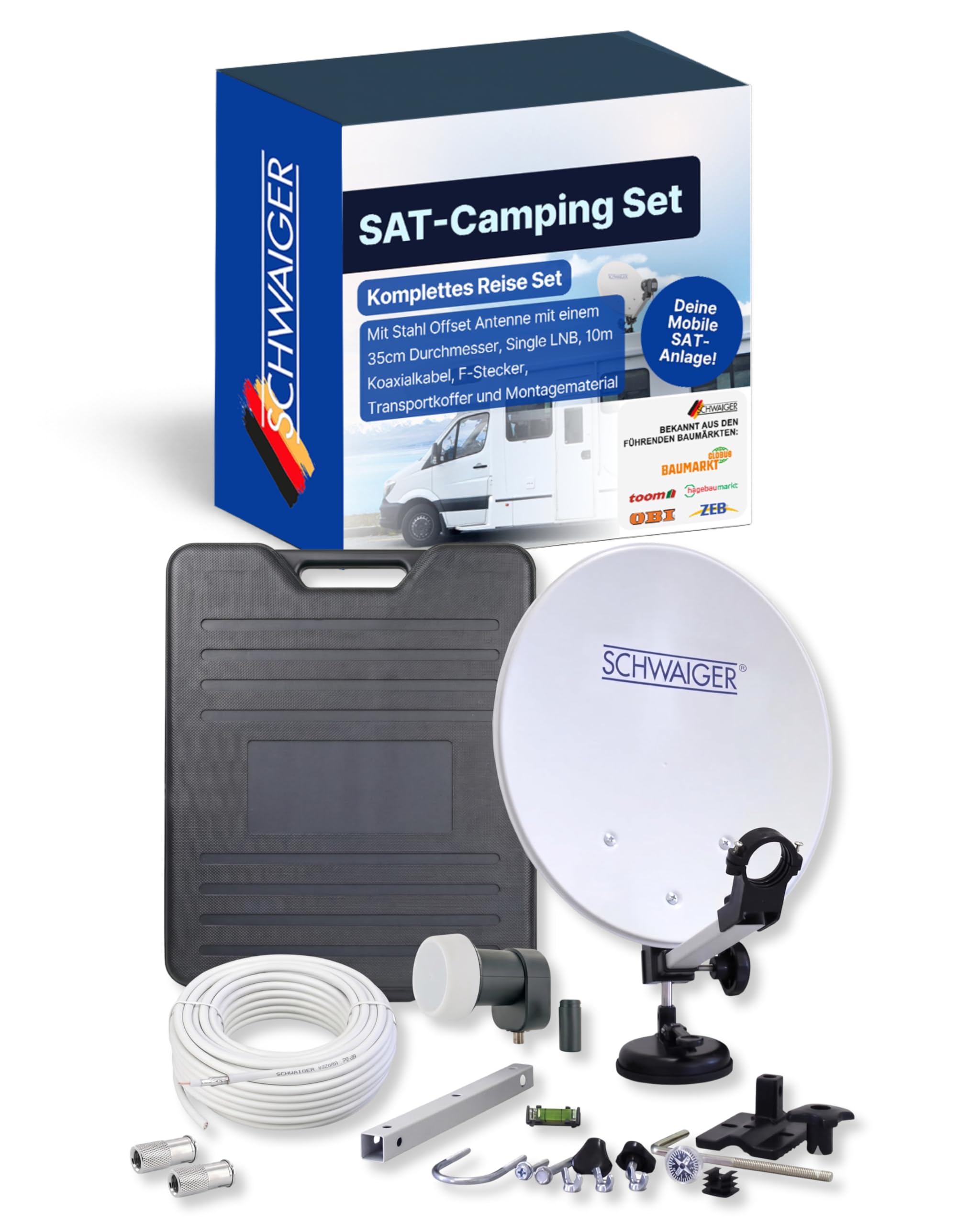 SCHWAIGER SAT-Camping Set 35 cm Stahl Offset Antenne Single LNB 10 m Koaxialkabel Mobile SAT-Anlage
