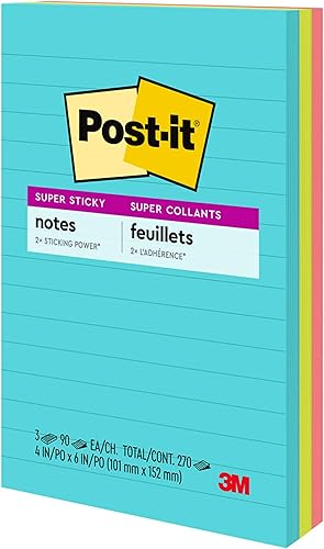 Miniatura 8 de Post-it Notas súper adhesivas, 4 x 6 pulgadas, 3 blocs, 2 veces el poder de adherencia, neones supernova, colores brillantes, reciclables