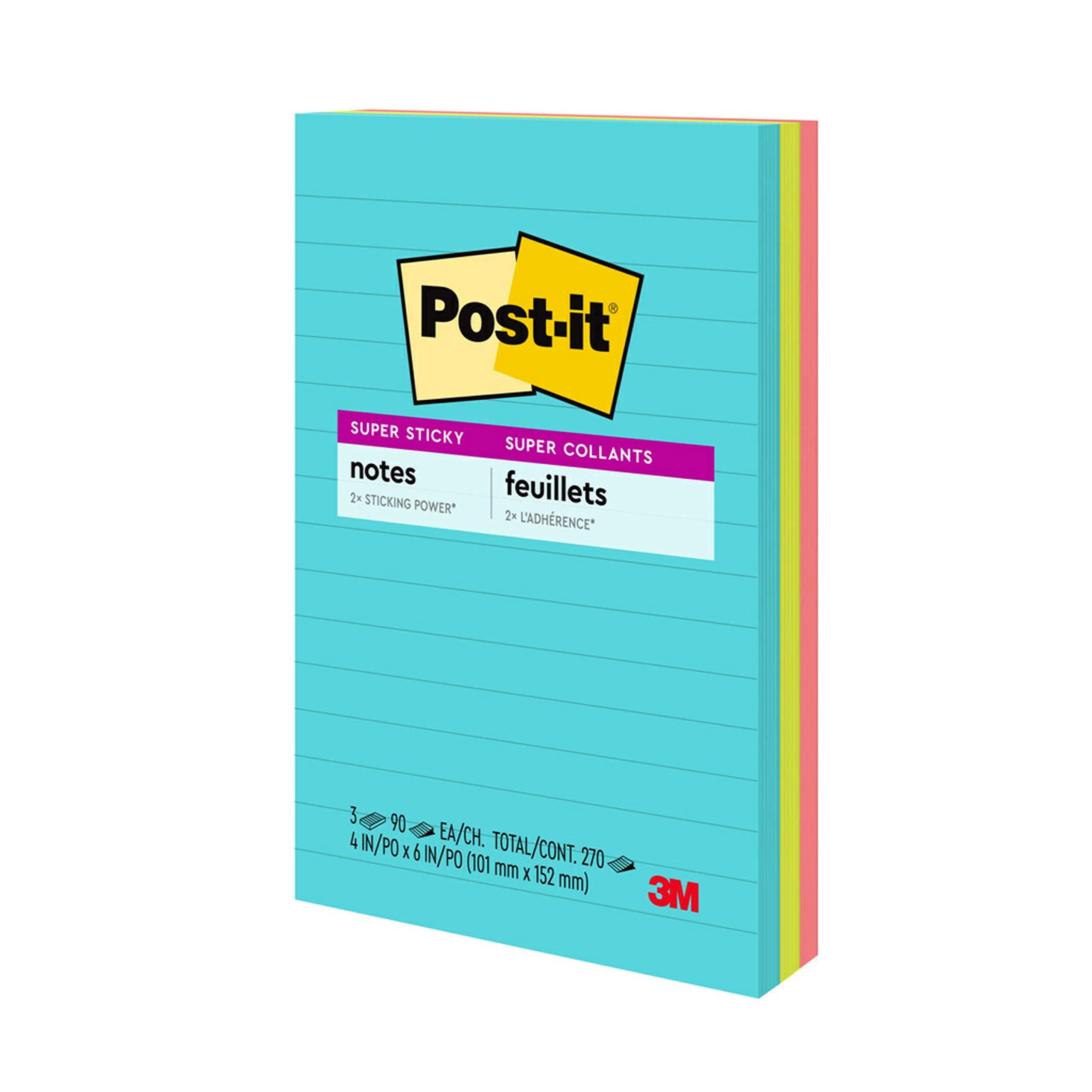 Post-it Super Sticky Notes, 10,2 x 15,2 cm, 3 blocchetti, 2 X The Sticking Power, Supernova Neon, colori vivaci, riciclabili (660-3SSMIA), (confezione da 12)