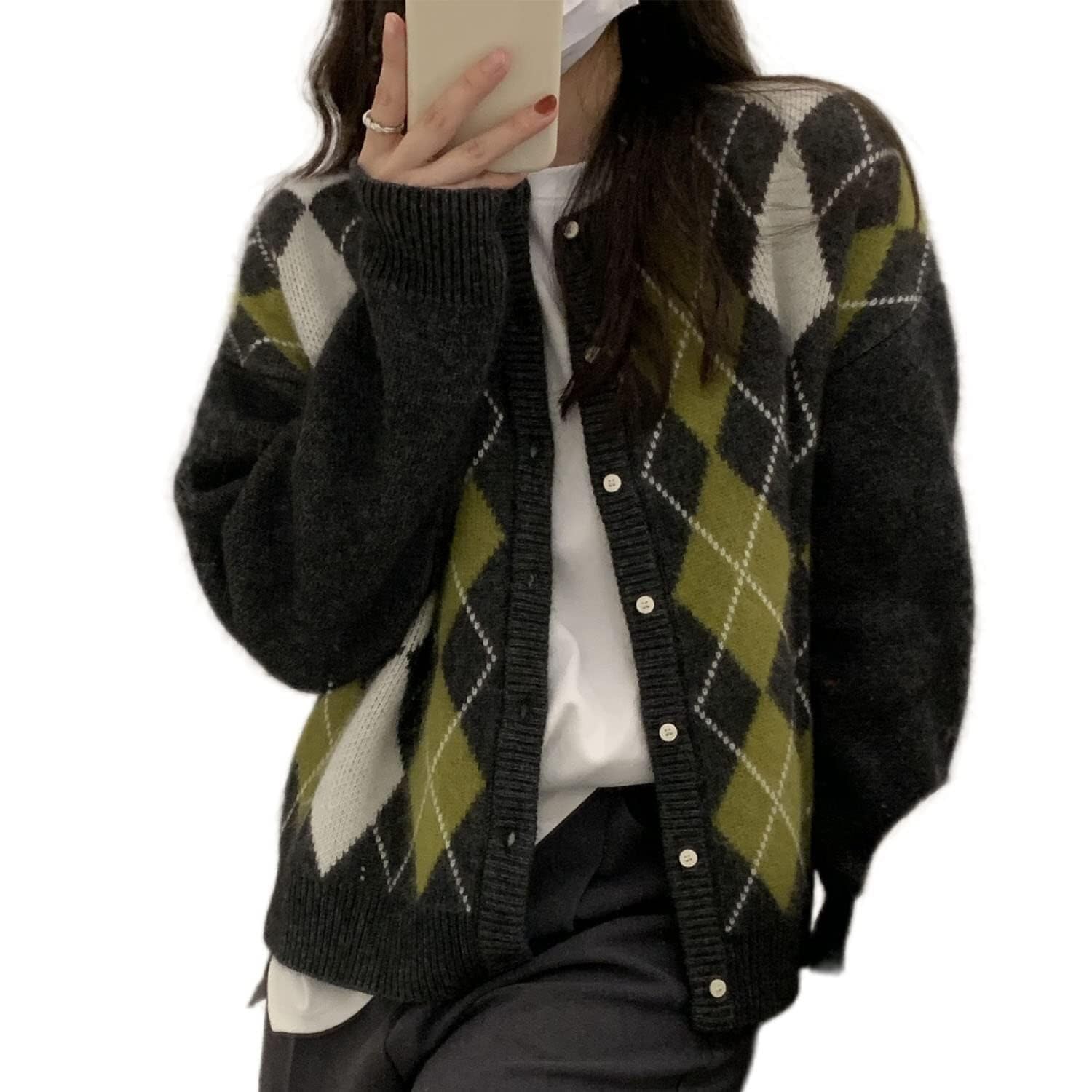 Barley Direct Women's A Black Fall Sweater For 2025 Grunge Argyle Plaid Preppy Y2k E-Girl Cardigan Chunky Knit Vintage Grandpa Sweater(,Large)