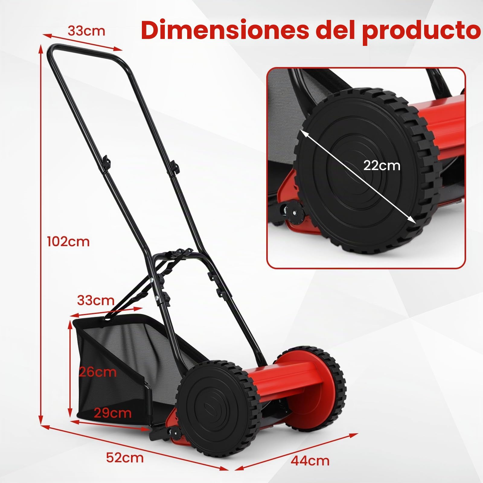 SOARS Cortacésped Manual - Ancho de Corte 30 cm, Bandeja 18.5 L, 4 Niveles de Altura (15-40 mm) - 5 Cuchillas Metálicas, 2 Ruedas - Ideal para Jardines Pequeños y Medianos