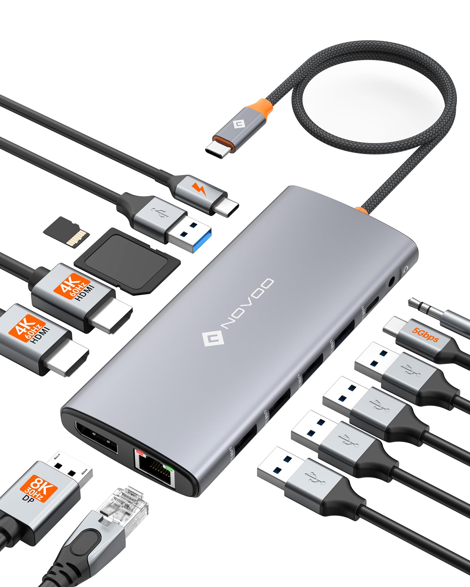 NOVOO USB C Docking Station 14-in-1 USB C Hub Triple Display mit 2 HDMI 4K@60Hz,DisplayPort 4K@120Hz,5USB-A+1USB-C Datenübertragung Gigabit Ethernet,100W PD,SD/TF,Audio für MacBook Dell HP(40cm Kabel)