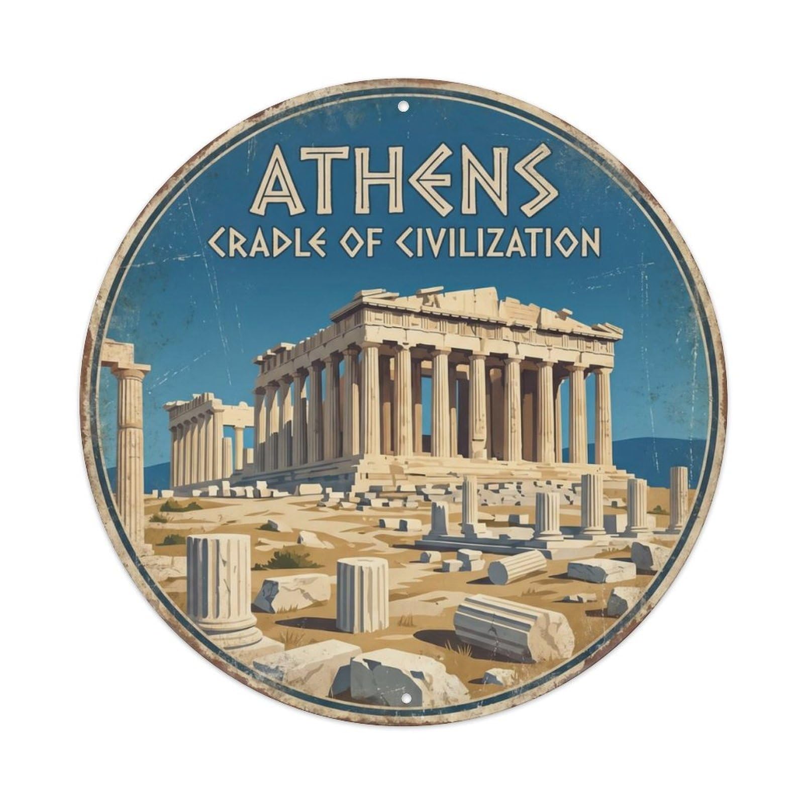 Vintage Travel Acropolis Athens Greece 1 Metal Tin Sign Plaque Wall Decor for Cafe, Club, Garden Round Metal Poster 8x8Inch