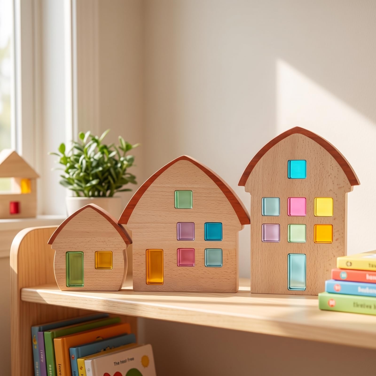 Kinder Bausteine Holz Häuser Set Bausteine Holzbausteine Holzspielzeug Deko Häuser mit Bogenförmigem Dach Und Abgerundeten Kanten aus Buche Und für Kinderzimmer Wohnzimmer Regal