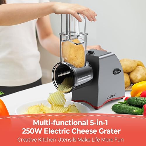 Miniatura 2 de Rallador eléctrico de queso, máquina de ensalada mejorada con 5 cuchillas de acero inoxidable reemplazables, trituradora de queso eléctrica de 250