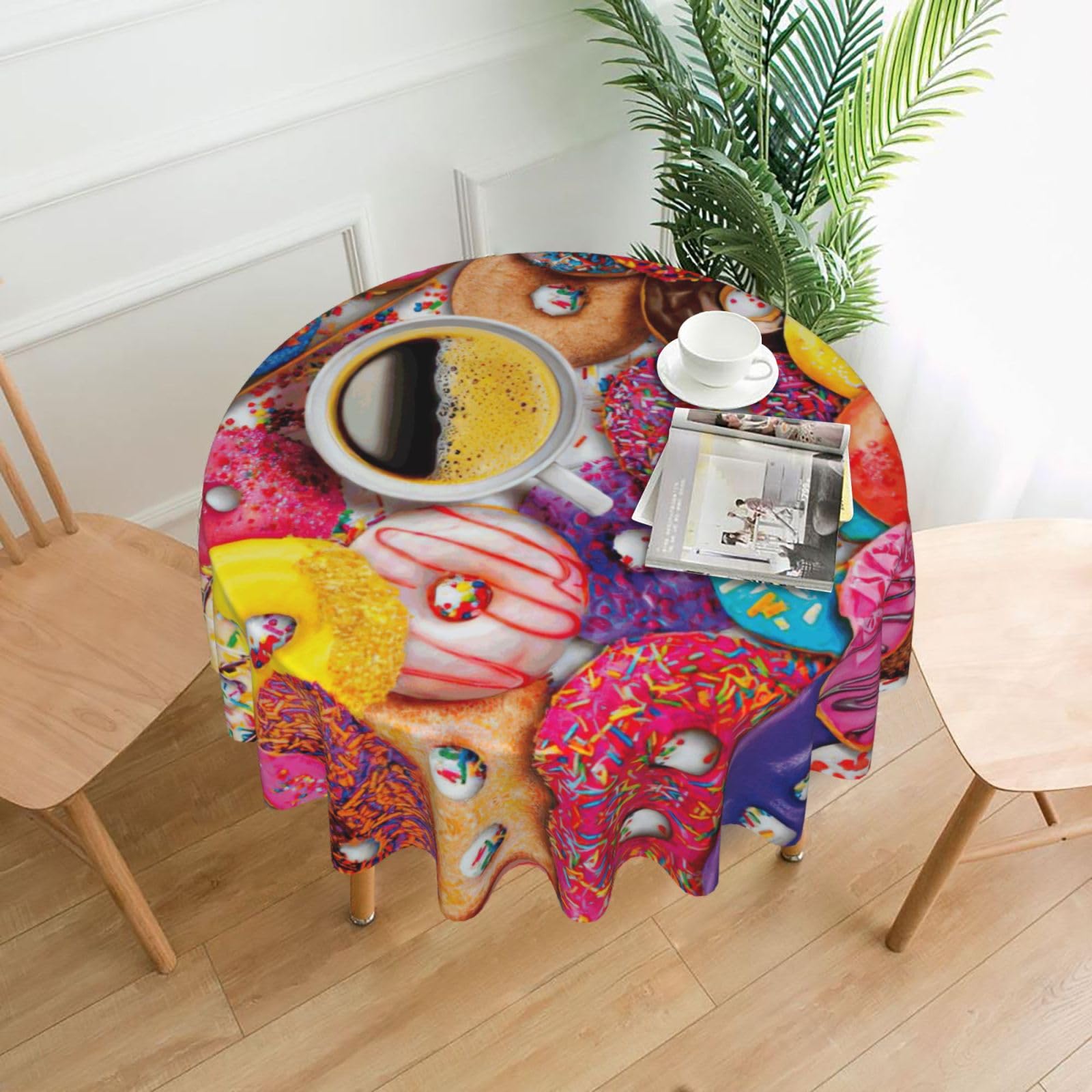 SDEGTHO coffee and donuts Print Modern Retro Round Tablecloth 60in Polyester Fabric Cover for Party Dining Table Washable