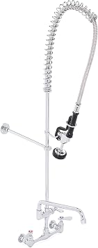 DuraSteel Commercial Kitchen Sink Pre-Rinse Faucet - 42 Height 8 Center No-Lead Wall Mount Industrial Faucet w/ Pull Down Pre-Rinse Sprayer & 12 Add-on Swing Spout - NSF Certified - Shower Head