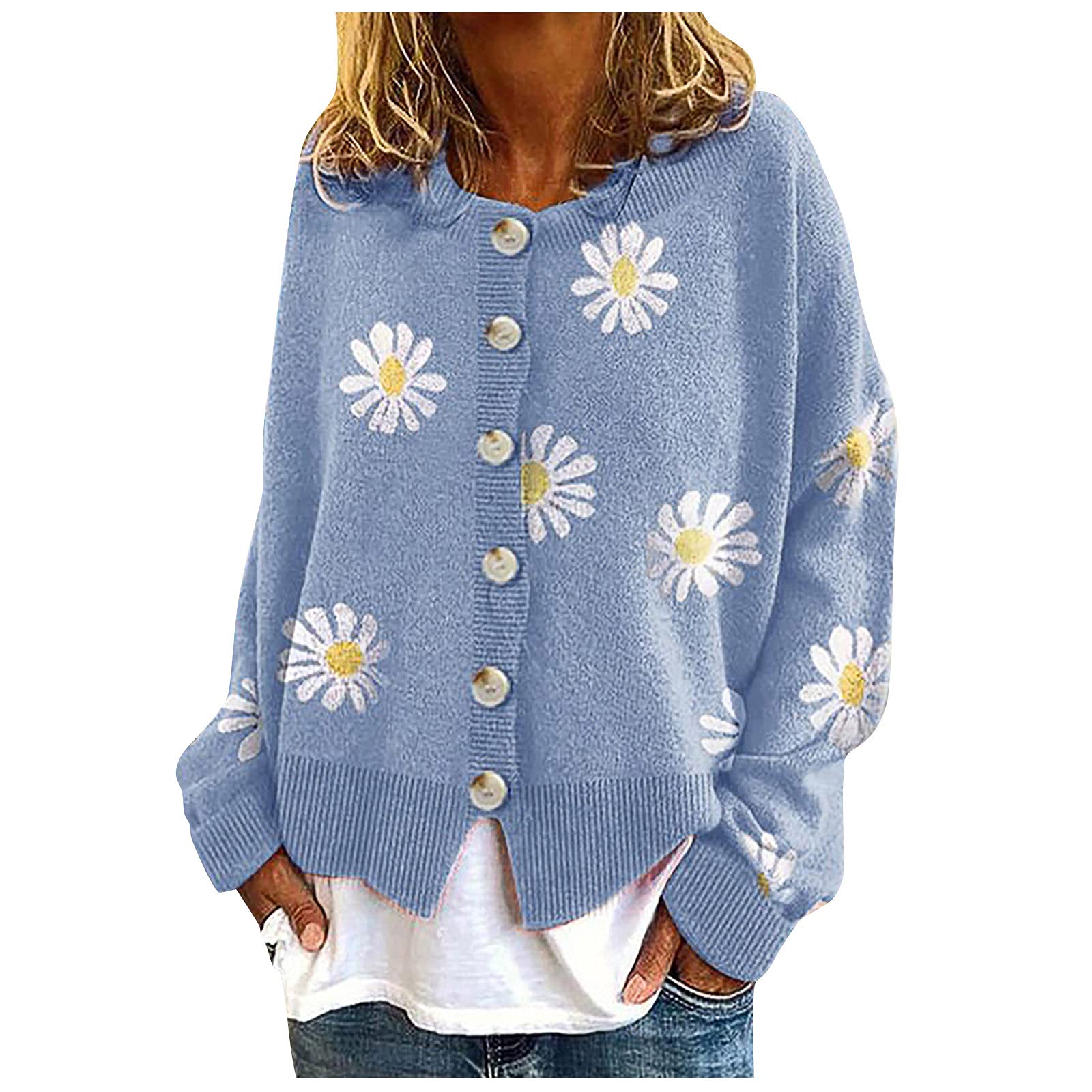 Xinantime Teen Girls Sweaters Trendy Daisy Printing Sweaters Fall Cropped Ladies Open Front Blouse Plus Size Casual Cardigan