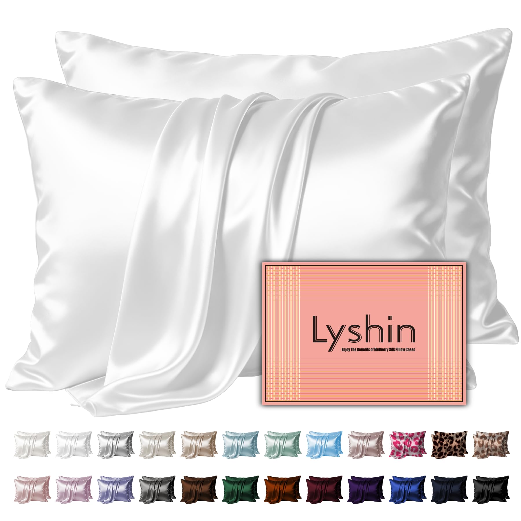 LYSHIN White Silk Pillow Cases 2 Pack Standard Size with Zipper