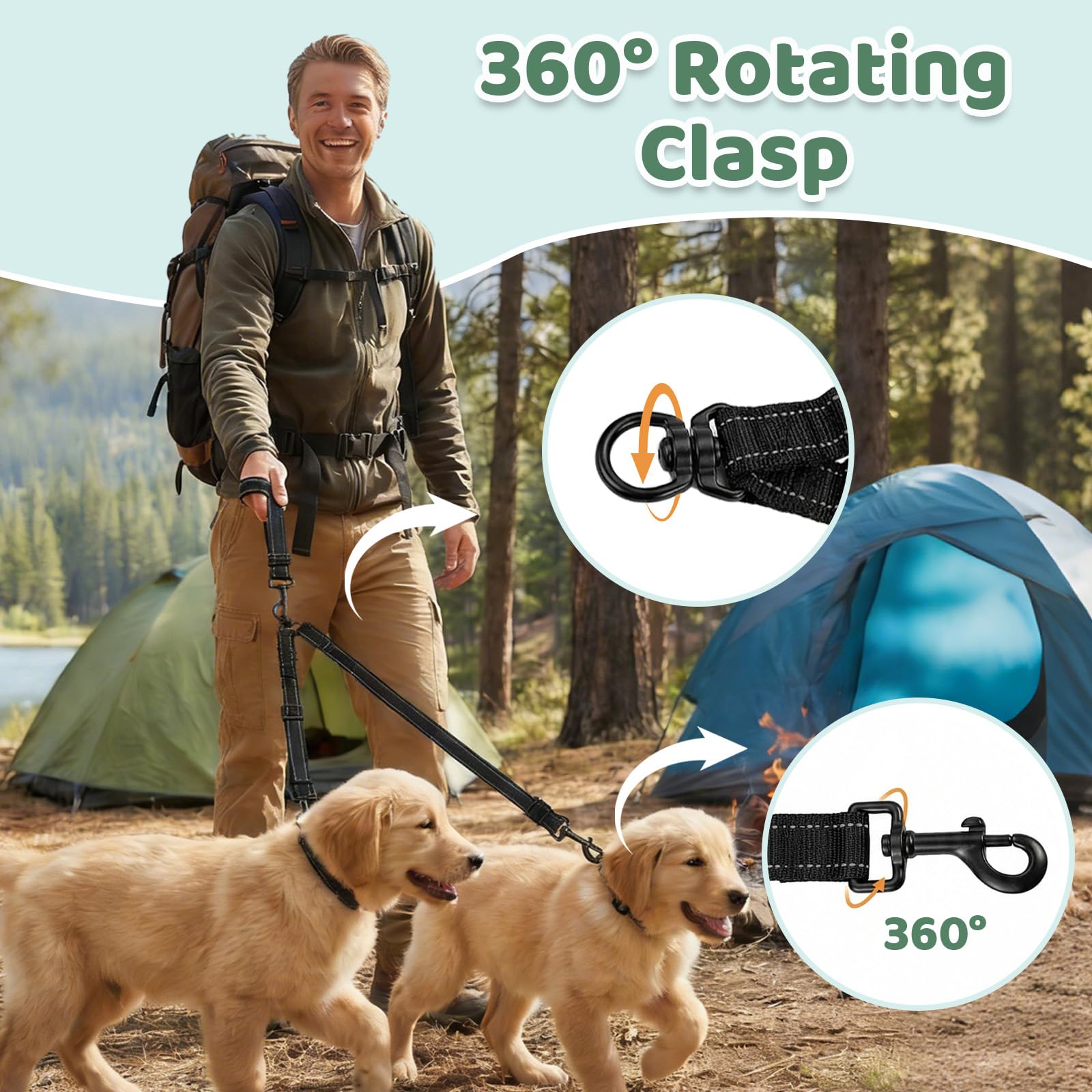 LEOSASA Double Dog Leash for 2 Dogs - No Tangle 360°Swivel Splitter with Reflective Stitching, Adjustable Length and Stretchy Shock-Absorbing Comfort, for Small/Medium Dogs Walking Training (L（2.5cm）) - 5