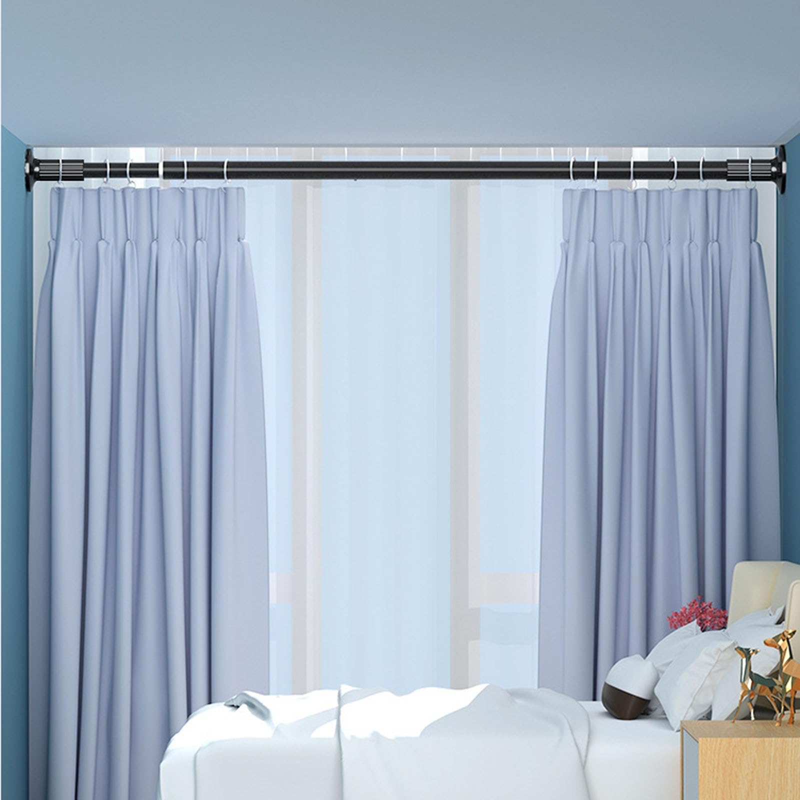 Tringle à rideaux extra longue et réglable sans perçage, idéale pour fenêtre, salle de bain, chambre à coucher, salon, terrasse (blanc 278 à 327 cm)