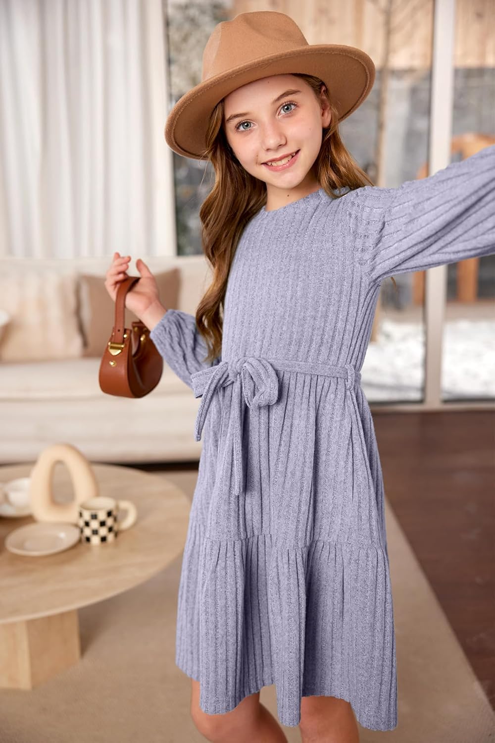 BesserBay Girls Long Sleeve Dresses Removable Tie Belt Fall Ribbed Dress Ruffle Hem with Pockets 6-14 Years - Image 6