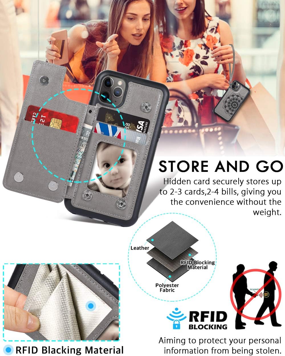 CASEOWL iPhone 11 Pro Max Case,Wallet Case with Card Holder,RFID Blocking,Kick Stand,Wrist Strap,Fit Magnetic Car Mount,Mandala Embossed Leather Back Flip Cover Case for iPhone 11 Pro Max(2019),Gray