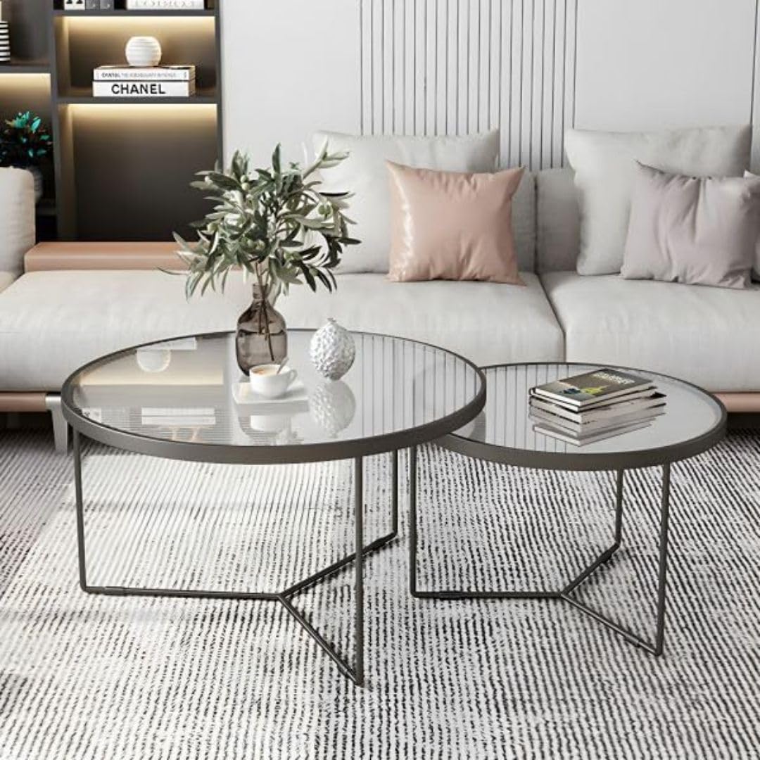 Rare Objects Nesting Coffee Table Set of 2, Round Glass Top, Black and Gold, Modern Side Tables for Living Room, Metal Frame, 60 cm x 40 cm (1, Black)-image-47