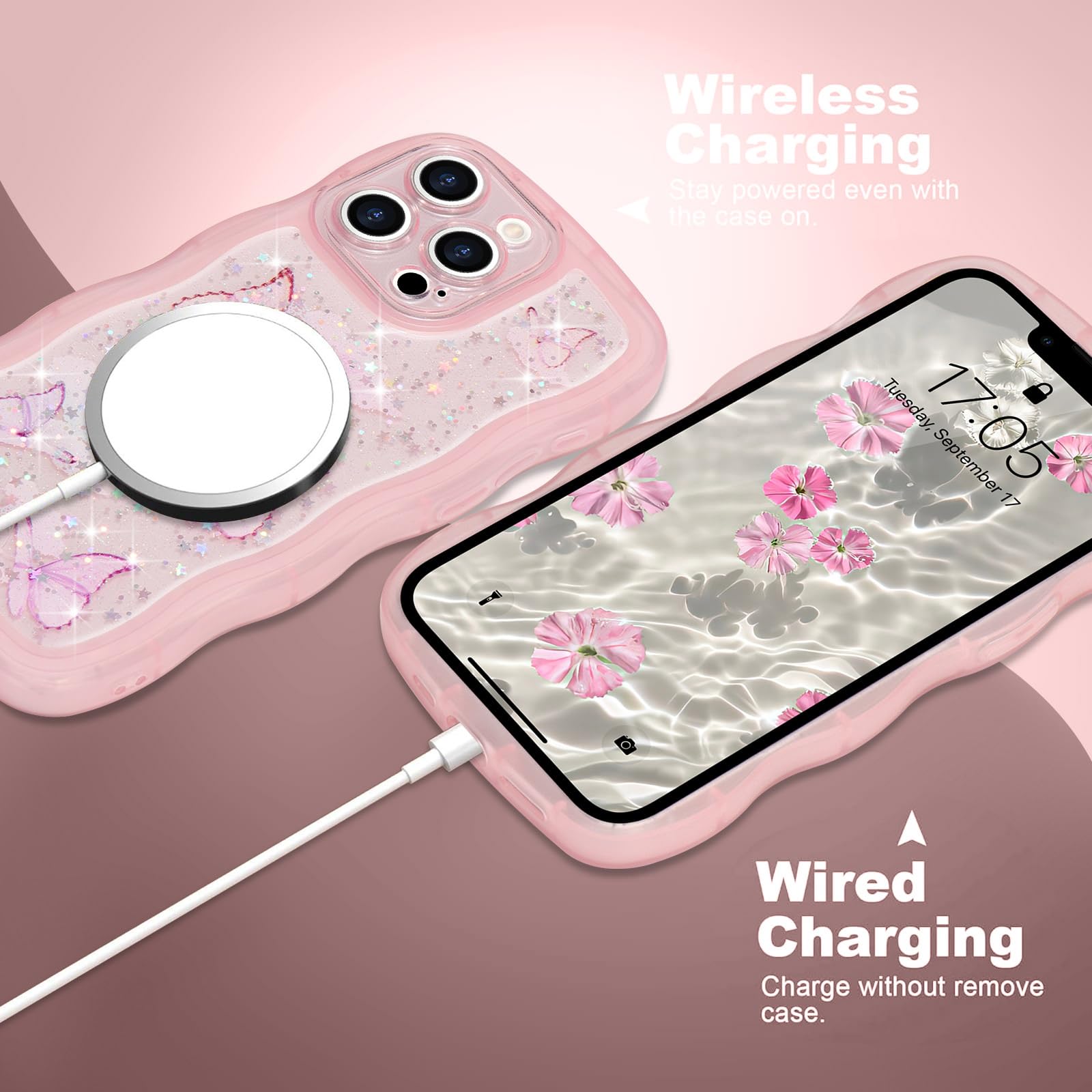 IPhone 15 Hülle – Schmetterling-Design Mit Glitzer, Transparenter TPU-Silicone Case (weiß)