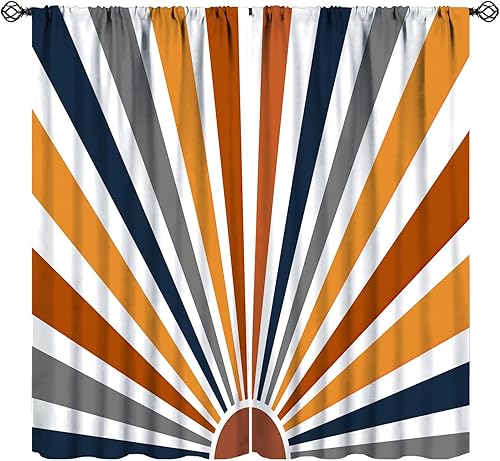 Miniatura 13 de Cortinas Retro de Atardecer, Bohemio de Mediados de Siglo Moderno Abstracto Amanecer Japonés Azul Ola del Océano Opacas Tratamientos de Ventana para