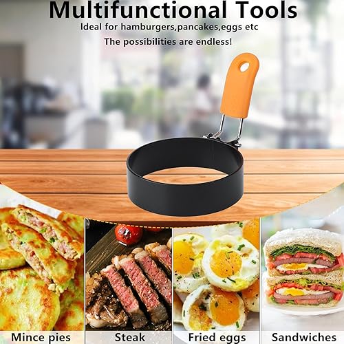 Miniatura 6 de Juego de moldes para panqueques, anillos de huevo de acero inoxidable, moldes para panqueques para parrilla, paquete de 5 para freír huevos y