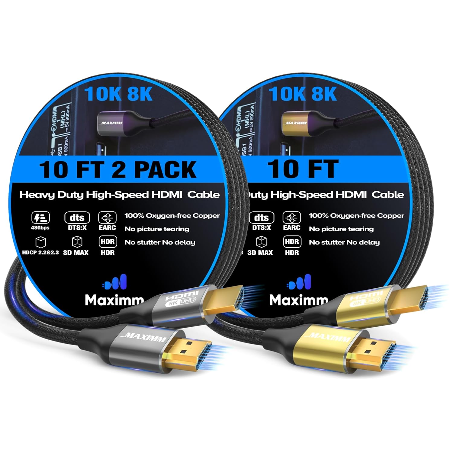 Maximm HDMI 2.1 Cable 10 Feet, Multicolor, 5 Pack, 8K 60Hz 4K 120Hz Ultra High Speed, 48Gbps, eARC, Dolby Vision