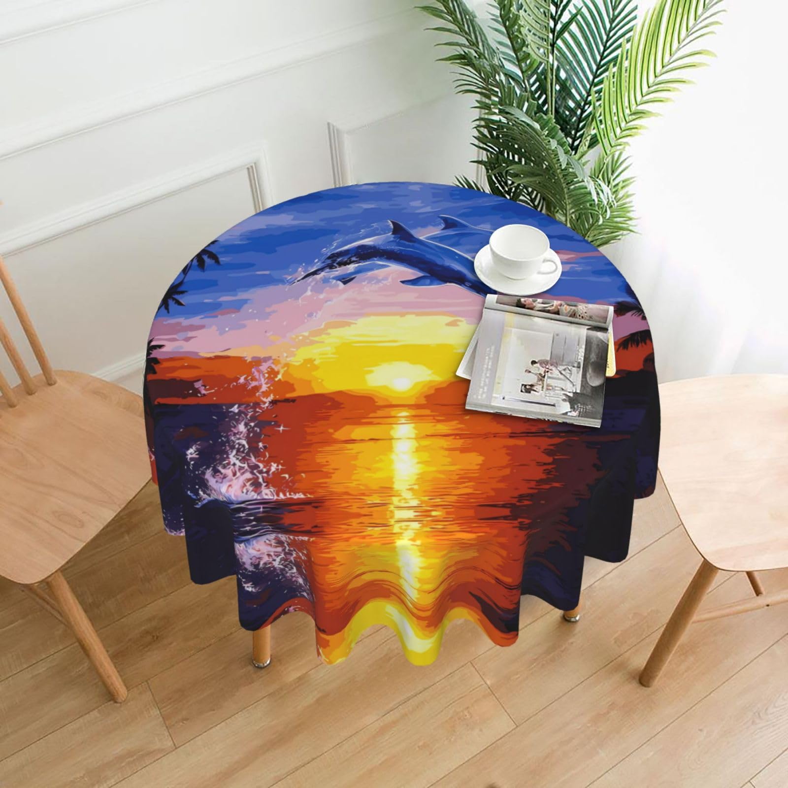 HJFCZH Elegant dolphin Prints Round Decorative Table Throw 60 Inch – High-Grade Polyester Fabric, Waterproof & Wrinkle Resistant Table Cover for Dining, Coffee Tables, Parties