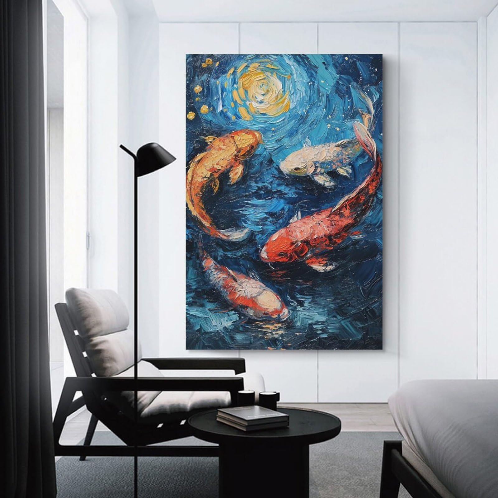 Junmoney Koi Fish Impressionist Painting Hanging Wall Art, 24x36inch(60x90cm), for Entrance Walls, Hall Decor Or Foyers, Wall Decor to Refresh Empty Corners
