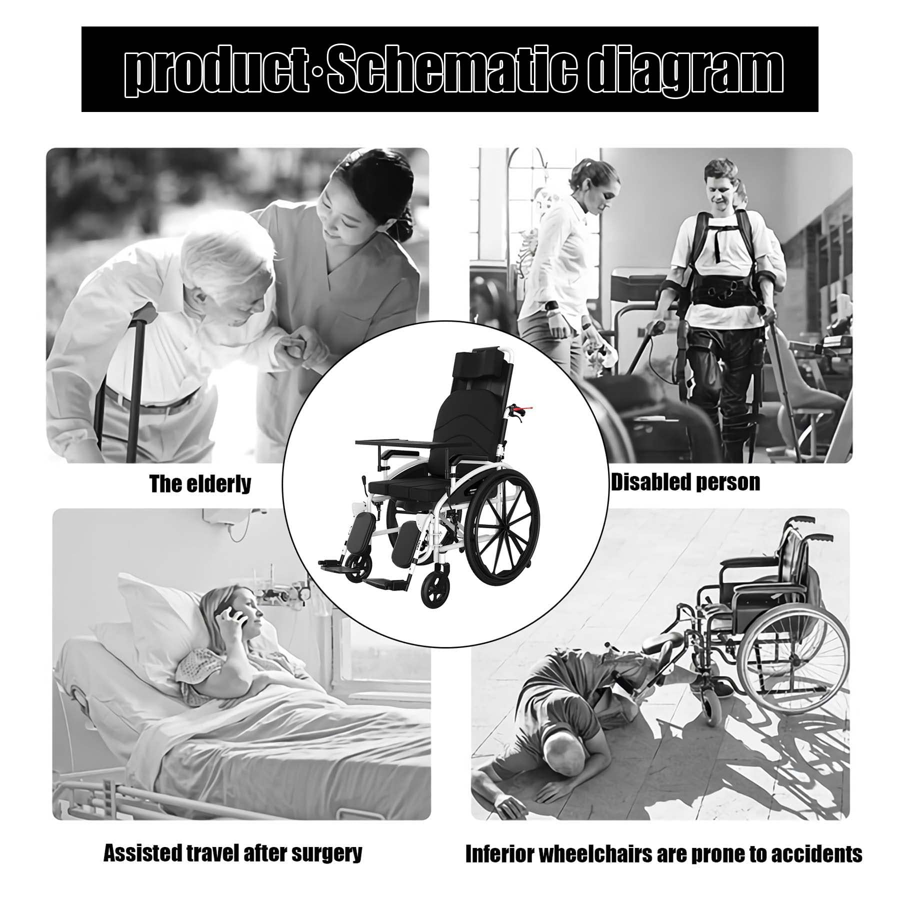 Silla de Ruedas reclinable Deportiva Liviana Silla de Transporte Plegable con Asiento de 18 Pulgadas reposapiés abatible Silla de Ruedas reclinable de 180 ° Silla de Ruedas para Adultos 24 "x 7"