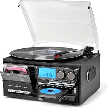 Record Player Built-in Speakers 10 in 1 Turntable with CD Cassette Tape AM FM Radio Function 3 Speed BT Input Output LP Player Support USB SD AUX RCA Playback Remote Control Auto Stop Retro Wood Black