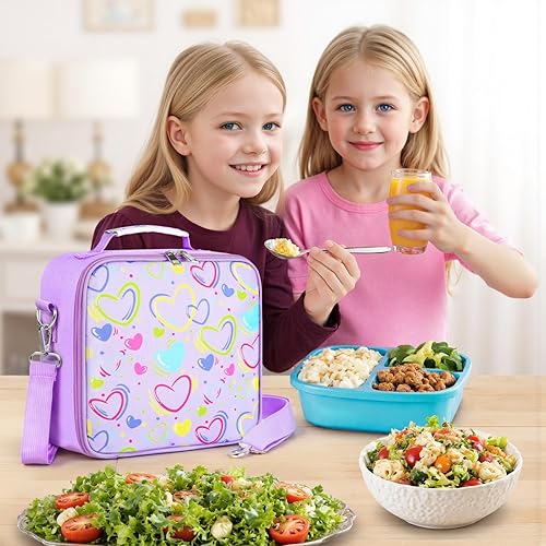Miniatura 6 de Lonchera para niños, lonchera aislada con corazón para niños y niñas, bonita bolsa Bento cuadrada duradera con correa para el hombro para la escuela