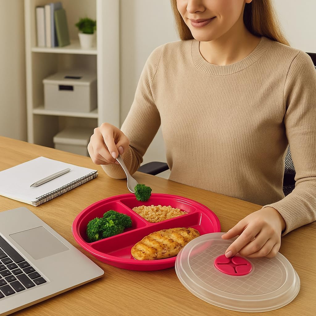 4-Pack Divided Microwave Plates with Vented Lids – BPA-Free, Stackable Meal Prep Plates – 3 Section Food Storage – Microwave, Freezer & Dishwasher Safe – 8.75” x 8.75” - Image 4