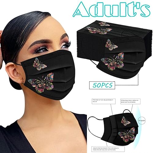 Miniatura 2 de 50 máscaras faciales desechables negras con estampado de mariposas, protección completa de 3 capas para mujeres, hombres, adolescentes y niñas