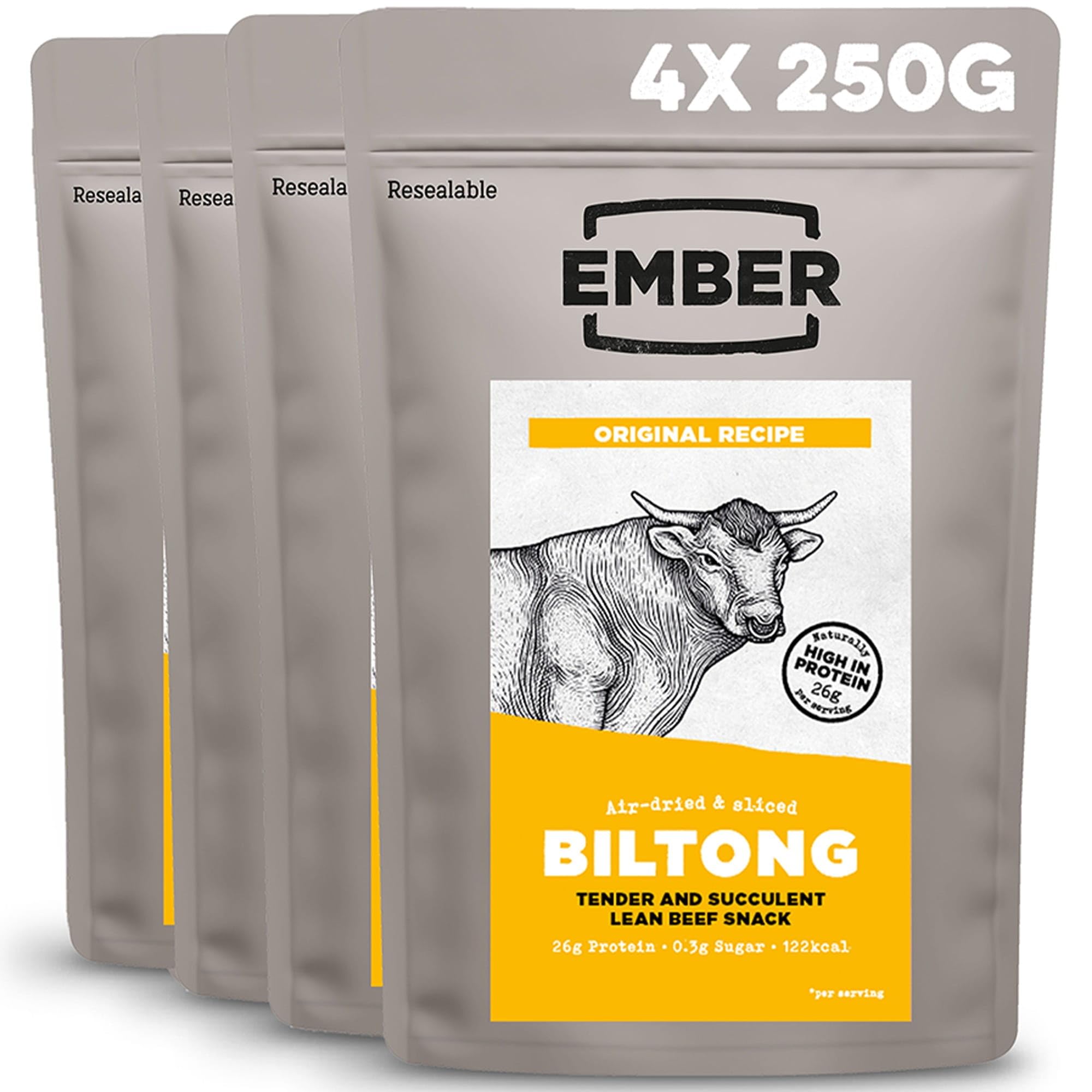 Beef Biltong Original 1kg - High Protein Meat Jerky Snack - Ready to Eat, Low Fat, No Added Sugar, Keto - 4 x 250g Resealable Bulk Bags from a Family-Run UK Business (Packaging May Vary)