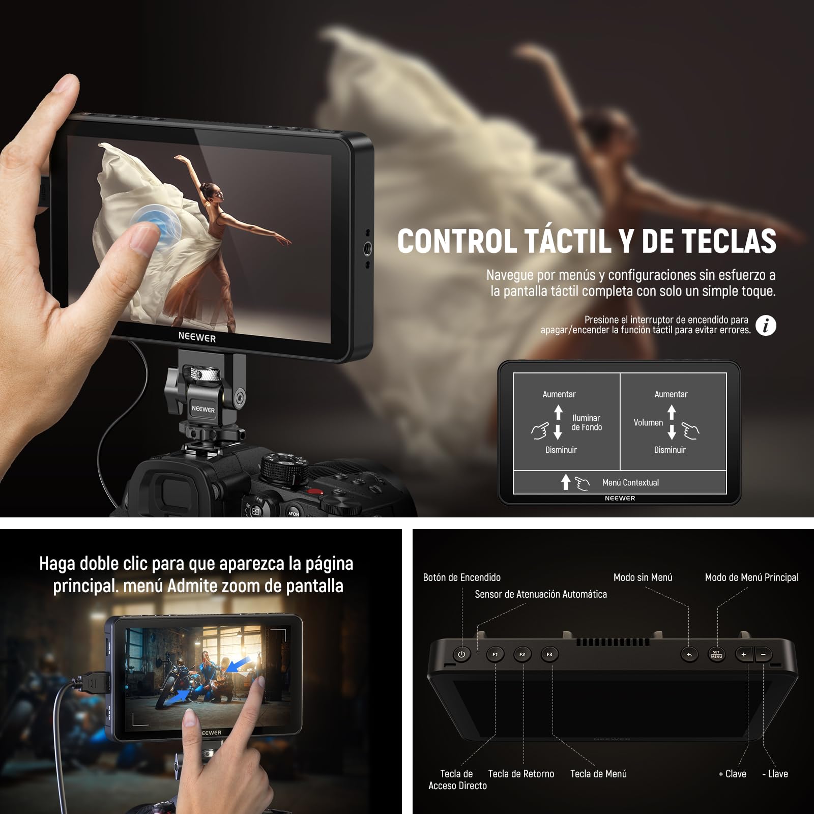 NEEWER Monitor de Campo de cámara F600 de 7 Pulgadas, Pantalla táctil IPS HD de 2400 nits, 1920 x 1080 con LUT 3D, Entrada y Salida HDMI 4K con Enfoque Pico DSLR Video Assist HDR, Soporte de Zapata