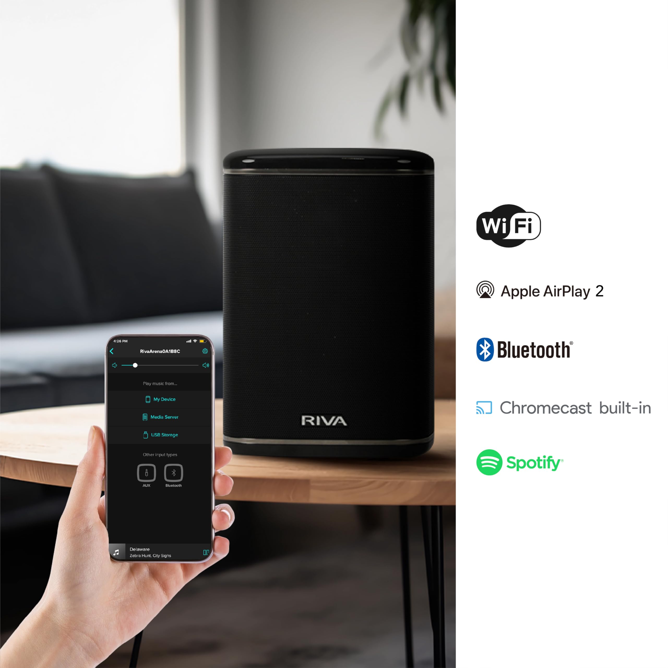 RIVA Upgraded Arena Wi-Fi Bluetooth Hi-Fi Speaker, 6 Drivers, 50W, Multiroom Music System, Supports Airplay 2, Chromecast, Spotify, Tidal and More Streaming (Black)