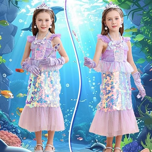 Miniatura 3 de Disfraz de sirena para niñas pequeñas, lentejuelas, vestido de fiesta para niños pequeños, bebés, disfraz de Halloween con accesorios