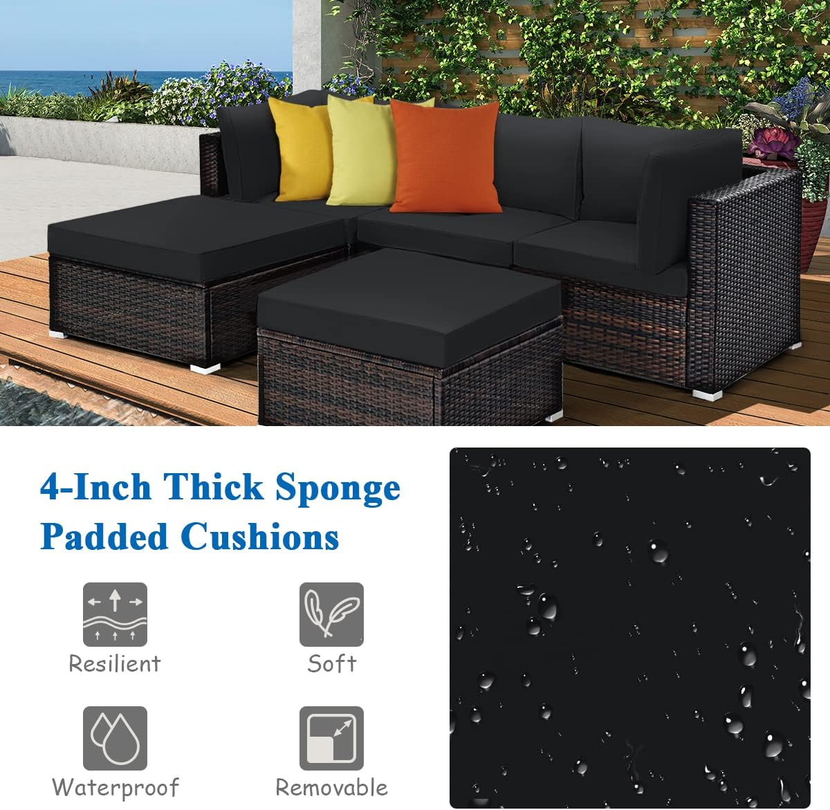 Tangkula 5 Piece Patio Rattan Furniture Set, Outdoor Sectional Rattan Sofa Set with Back & Seat Cushions, Wicker Conversation Set with Tempered Glass Table for Backyard Porch Poolside (Black)