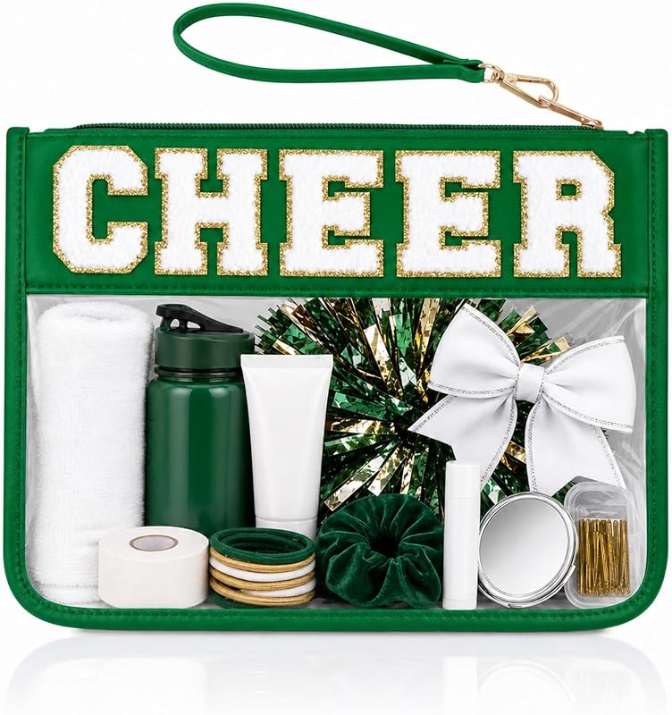 Necessaire transparente Burskit com zíper, aplique de letras Chenille, nylon e PVC, Green Cheer, HZB-TM, 1 unidade
