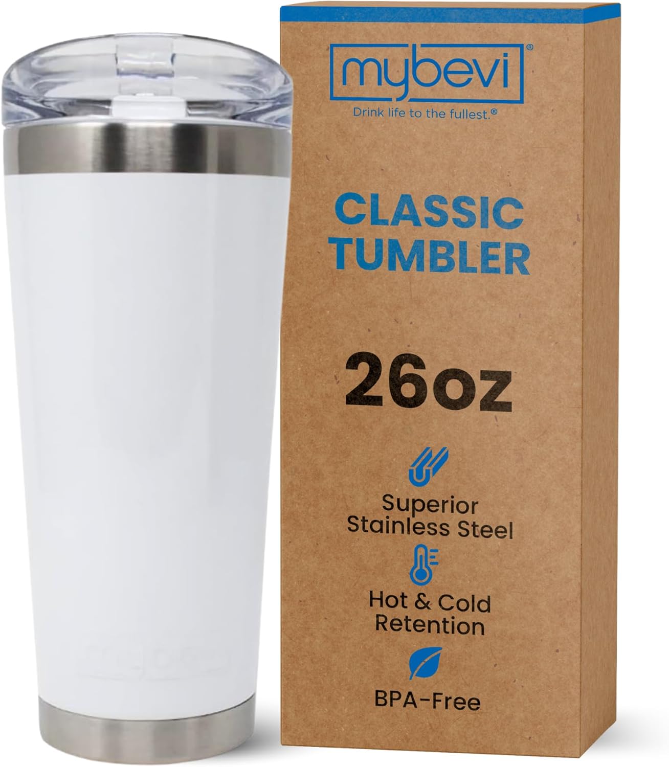 MyBevi Classic Premium Stainless Steel Tumbler with 12-Hour Temperature Control, Tritan Lid, and BPA-Free Construction | White, 26 oz