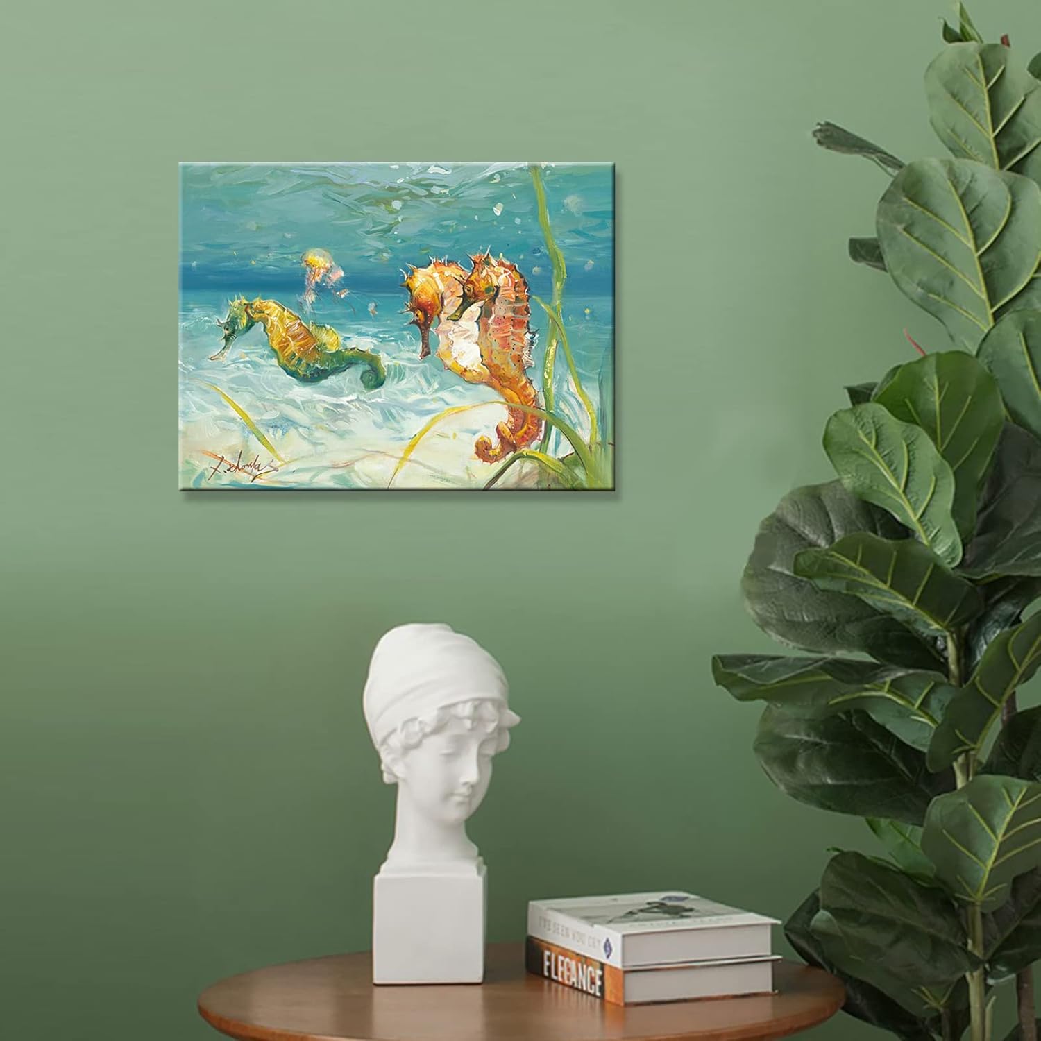 JZLDZS Ocean Canvas Wall Art Seahorse Painting Prints Aqua Teal Nautical Beach Artwork 12x16 Inch Framed Coastal Pictures Wall Decor for Bathroom Bedroom Living Room