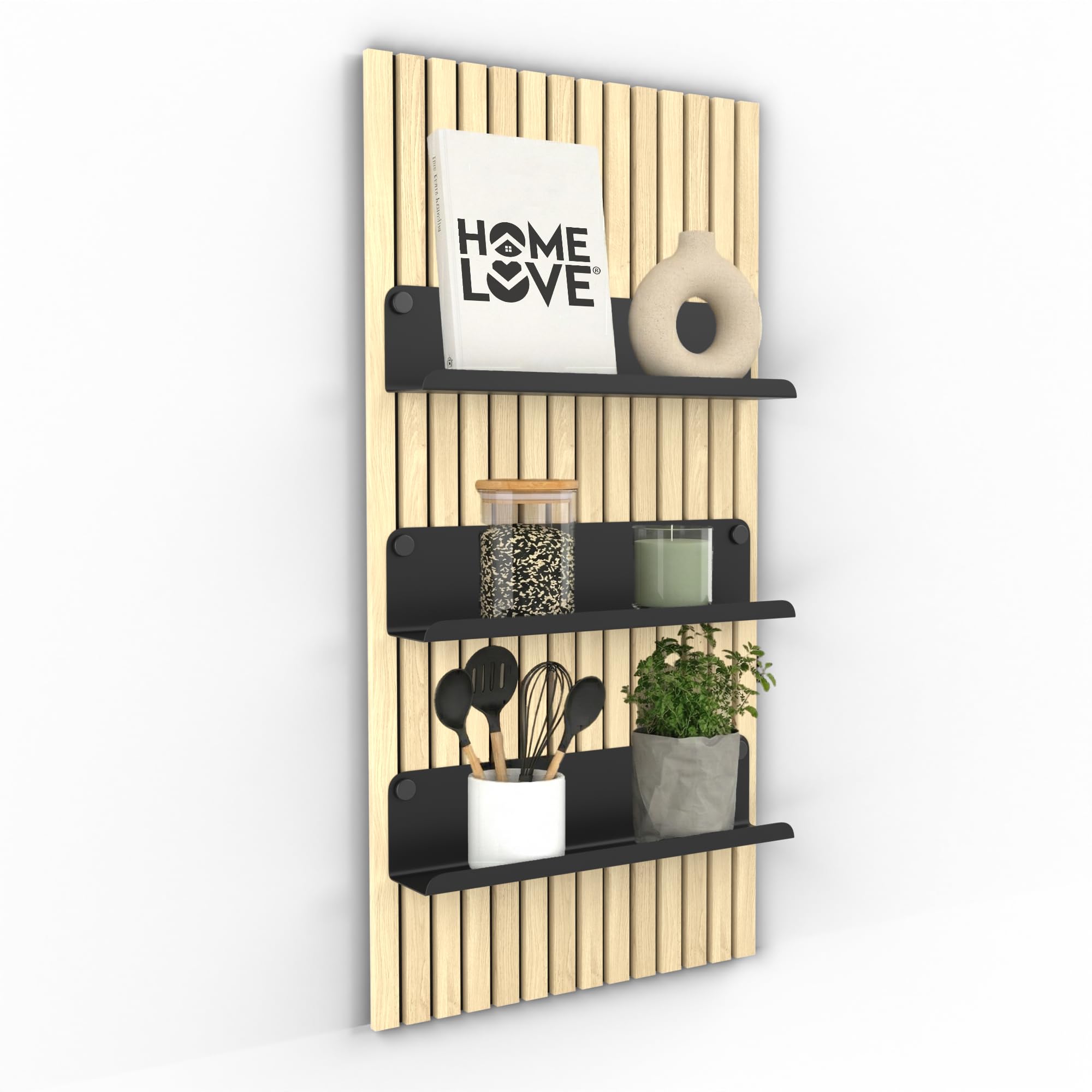 HOME LOVE Ablage für Akustikpaneele 52x9 cm – ohne Bohren | Regal für Paneele | Akustikpaneele Zubehör | Wandpaneele Regal schwarz Metall