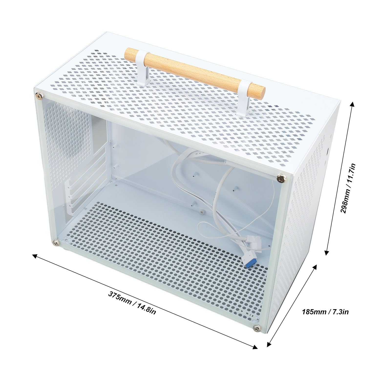 Custodia MATX, Custodia Mini ITX Portatile con Manico in Legno e Pannello Laterale in Vetro Temperato Trasparente, Custodia per Computer Mini Tower Stile Semplice con Interfaccia