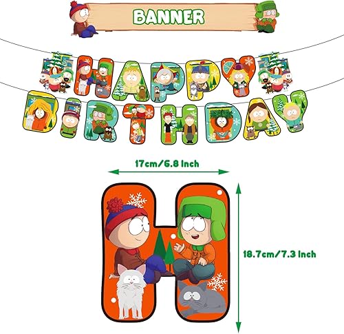 Miniatura 5 de South-Park - Suministros para fiestas, 33 piezas, incluyendo 1 pancarta de cumpleaños South-Park, 13 pasteles de cobre Southp, 18 globos, 1 fondo