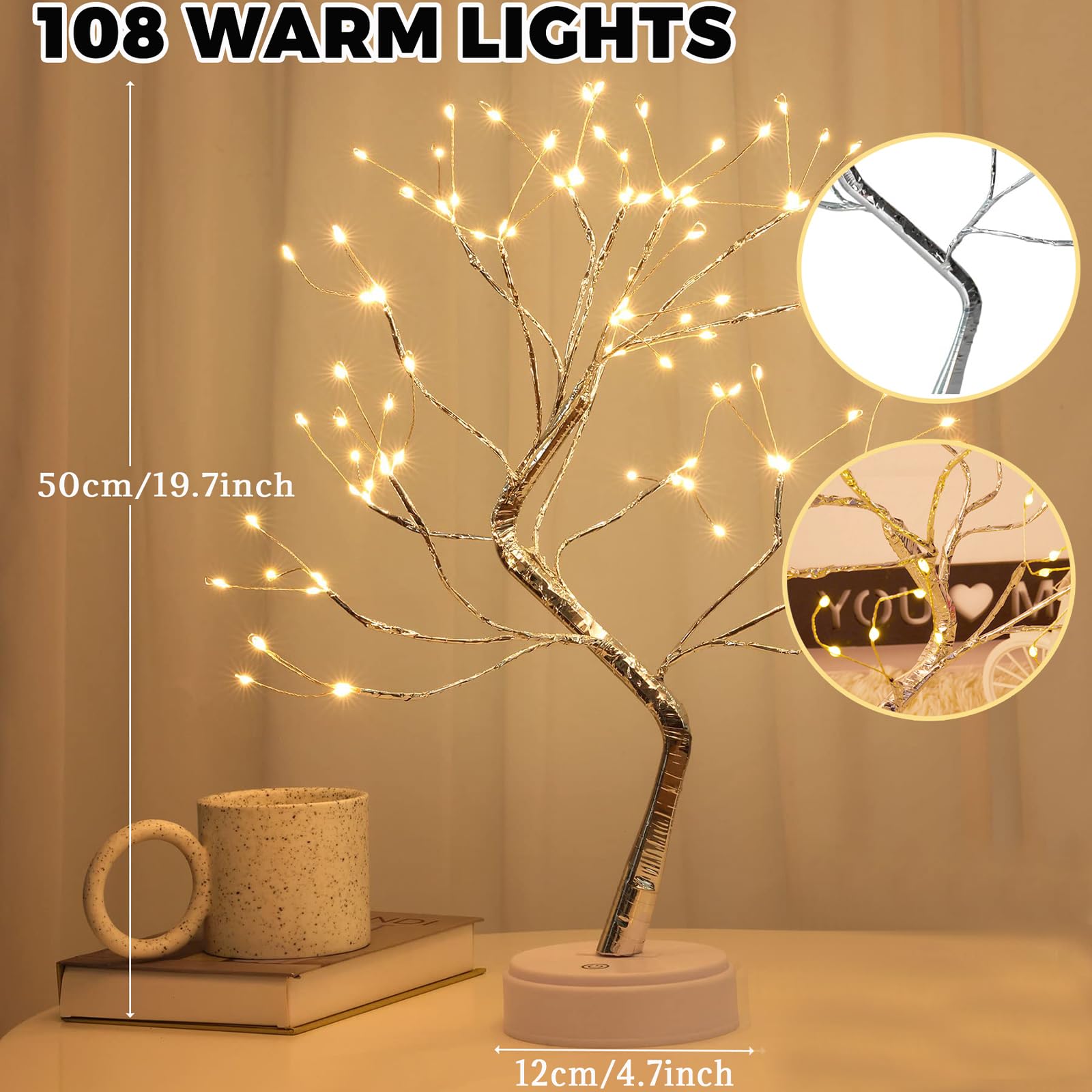 Arbre Lumière LED 108 LEDs - Branches Réglables, USB/piles, Lumière Blanche Chaude Pour Déco Noël, Salon