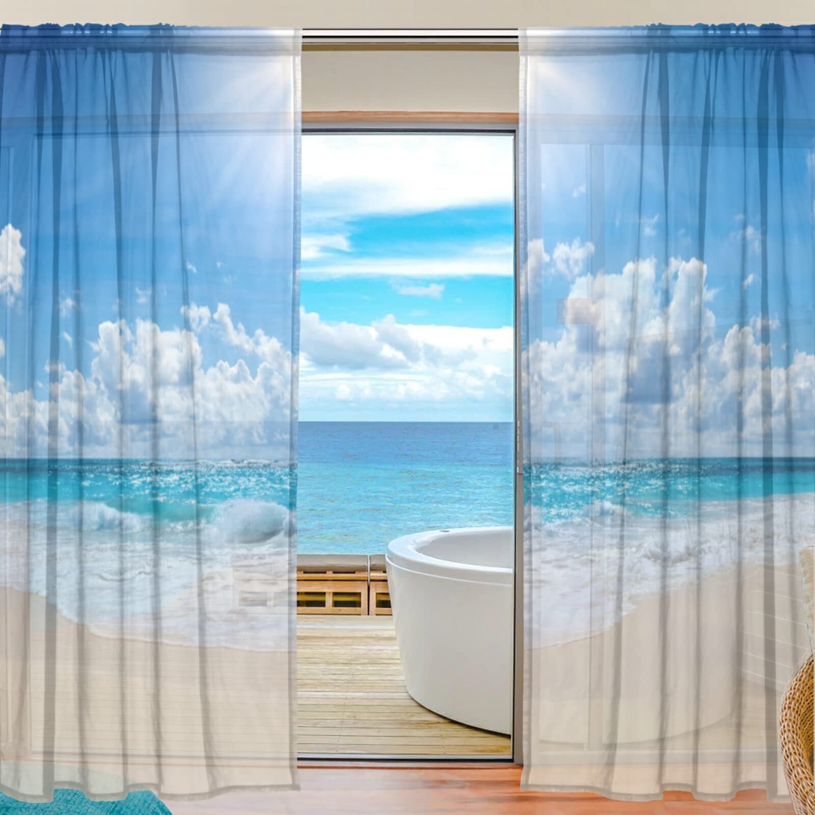 【美品】リゾート風　レースカーテン Amazon｜Chovvy レースカーテン ミラーカーテン 風景 青空 海