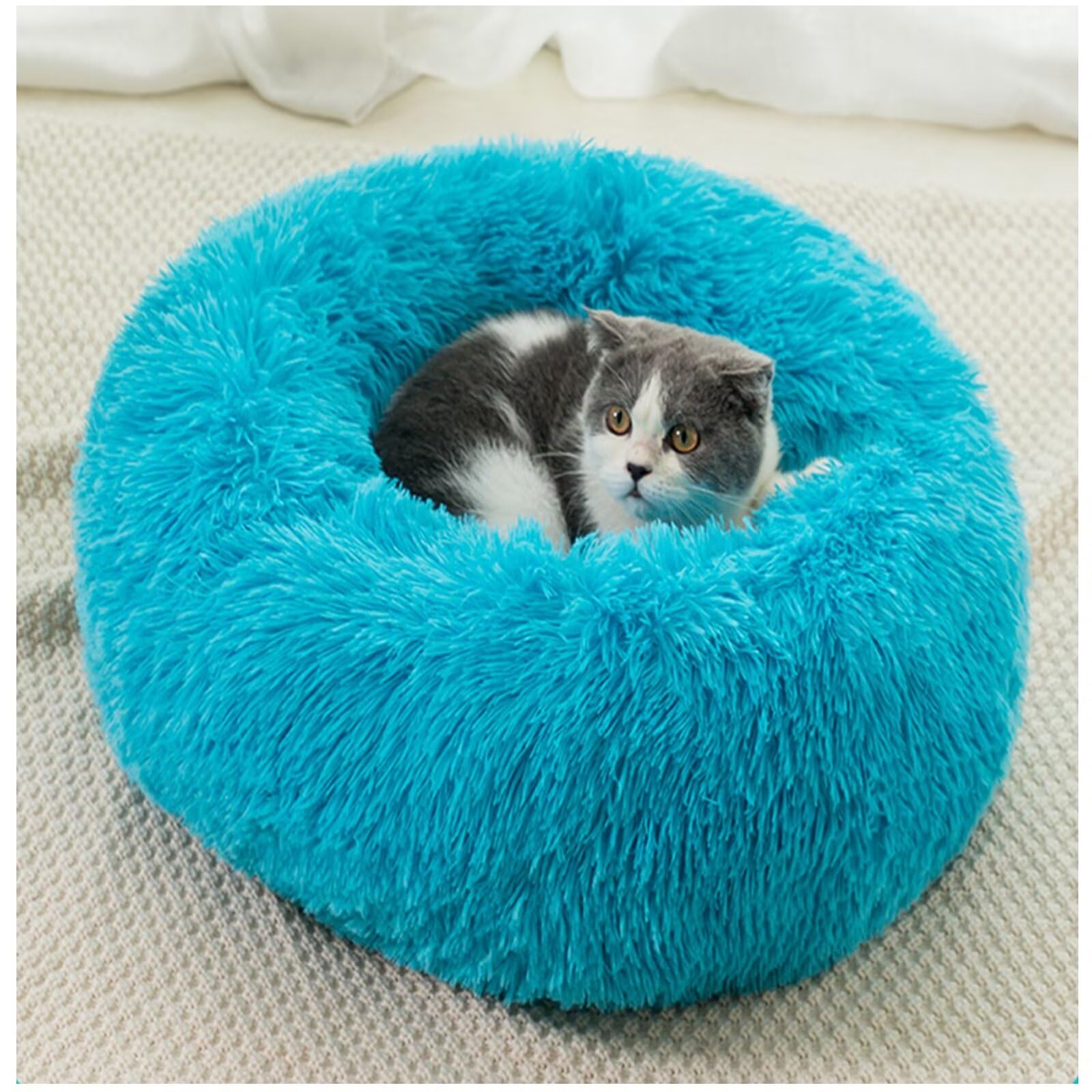 Coussin pour chien rond 90 cm bleu en peluche lavable forme donut